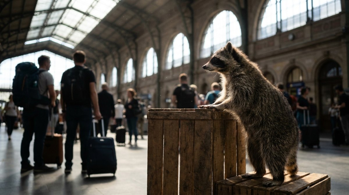 Politische Texte: Waschbär an einer Holzkiste in der Bahnhofshalle wie an einem Rednerpult