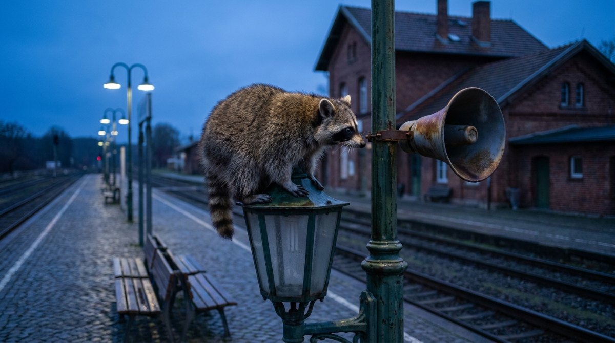 Politische Texte: Waschbär lauscht an einem Bahnsteig-Lautsprecher