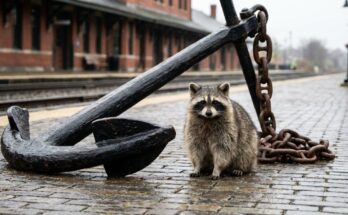 Präsenz wie vor Anker: Ein Waschbär sitzt neben einem alten Schiffsanker auf dem Bahnsteig eines Hafenbahnhofs