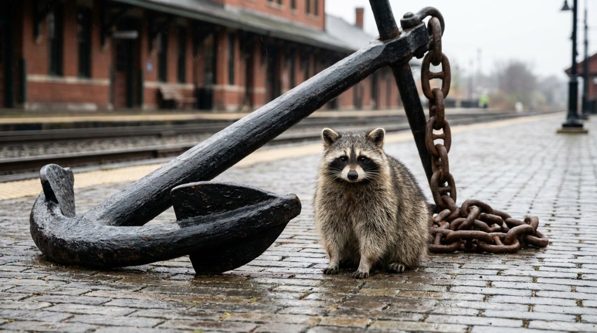 Präsenz wie vor Anker: Ein Waschbär sitzt neben einem alten Schiffsanker auf dem Bahnsteig eines Hafenbahnhofs