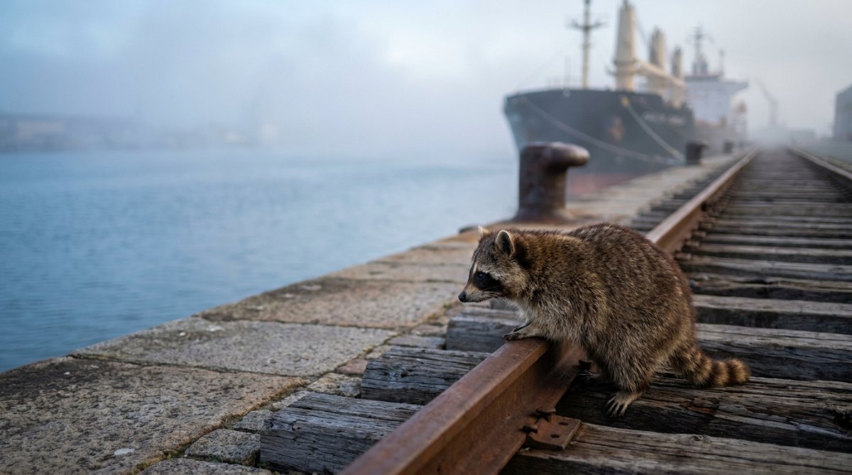Präsenz im Moment: Ein Waschbär auf den Gleisen der Hafenbahn blickt im Morgennebel aufs Wasser