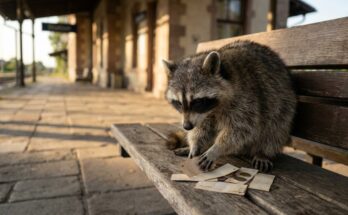 Waschbär sortiert auf einer Bahnhofsbank alte Fahrkarten und Münzen – der Preis des Erfolgs auf der Bühne