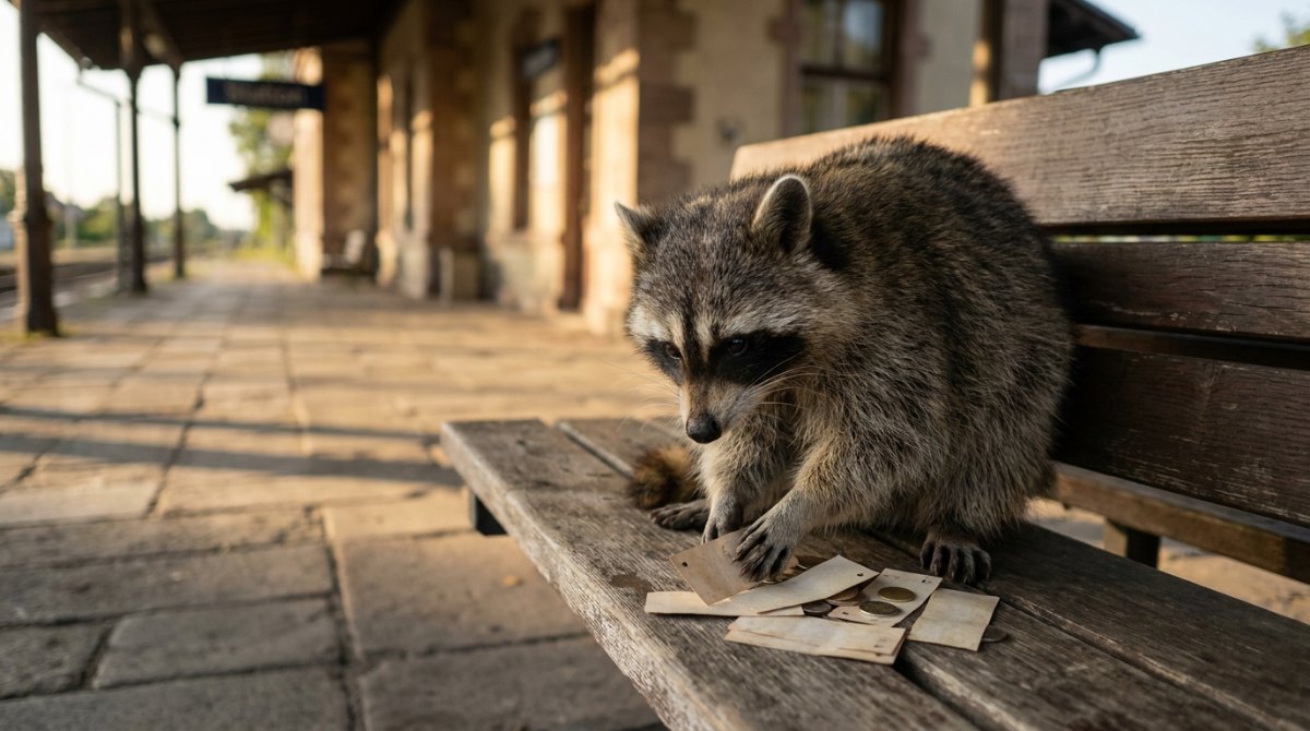 Waschbär sortiert auf einer Bahnhofsbank alte Fahrkarten und Münzen – der Preis des Erfolgs auf der Bühne