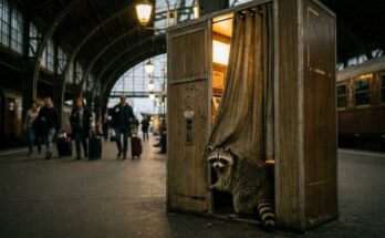 Waschbär schaut aus dem Fotoautomaten in der Bahnhofshalle – Pressefoto für Künstler