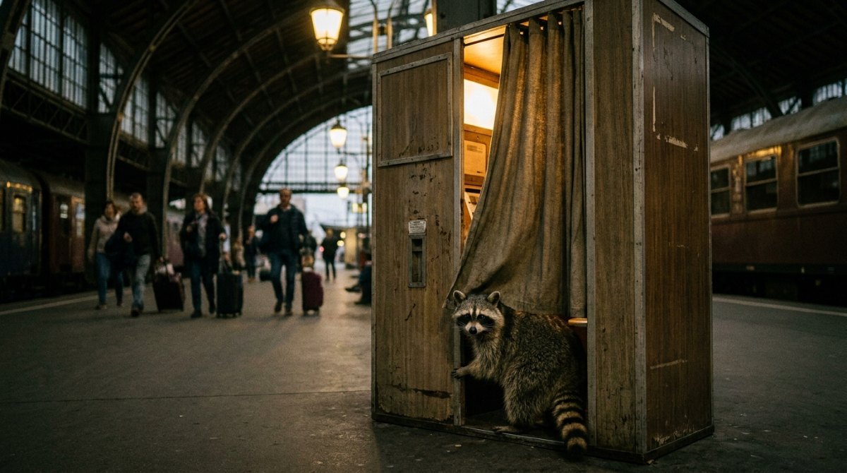 Waschbär schaut aus dem Fotoautomaten in der Bahnhofshalle – Pressefoto für Künstler