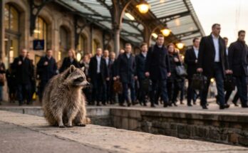 Waschbär am Rand eines vollen Bahnsteigs, alle laufen in dieselbe Richtung – Sinnbild für die Probleme der Slam-Szene