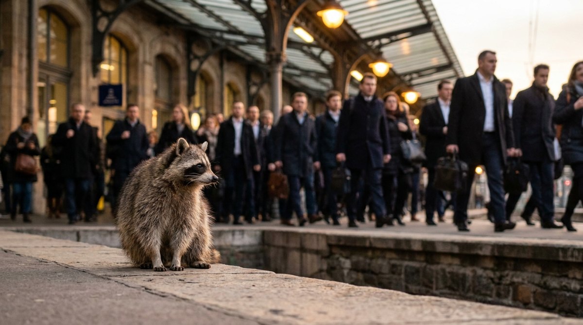 Waschbär am Rand eines vollen Bahnsteigs, alle laufen in dieselbe Richtung – Sinnbild für die Probleme der Slam-Szene