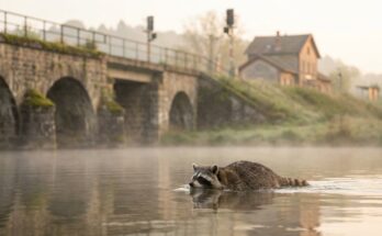 Profi-Slammer: ein Waschbär schwimmt ruhig durch einen Fluss vor einer alten steinernen Eisenbahnbrücke im Morgennebel