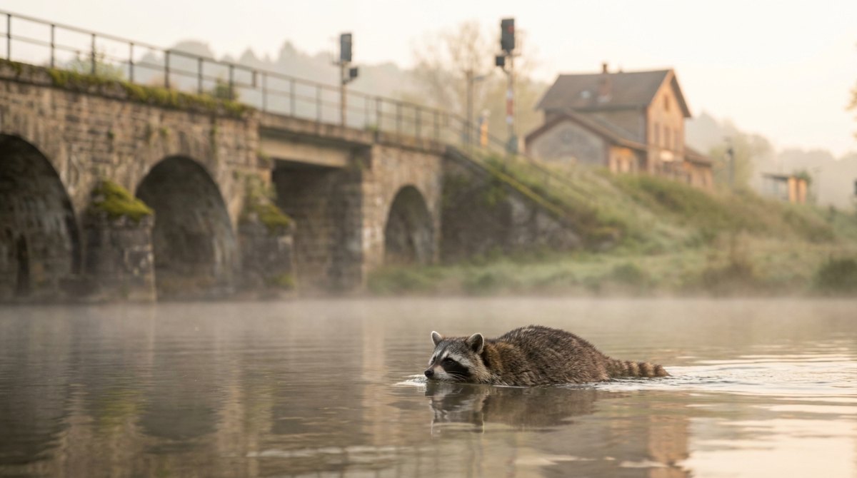 Profi-Slammer: ein Waschbär schwimmt ruhig durch einen Fluss vor einer alten steinernen Eisenbahnbrücke im Morgennebel
