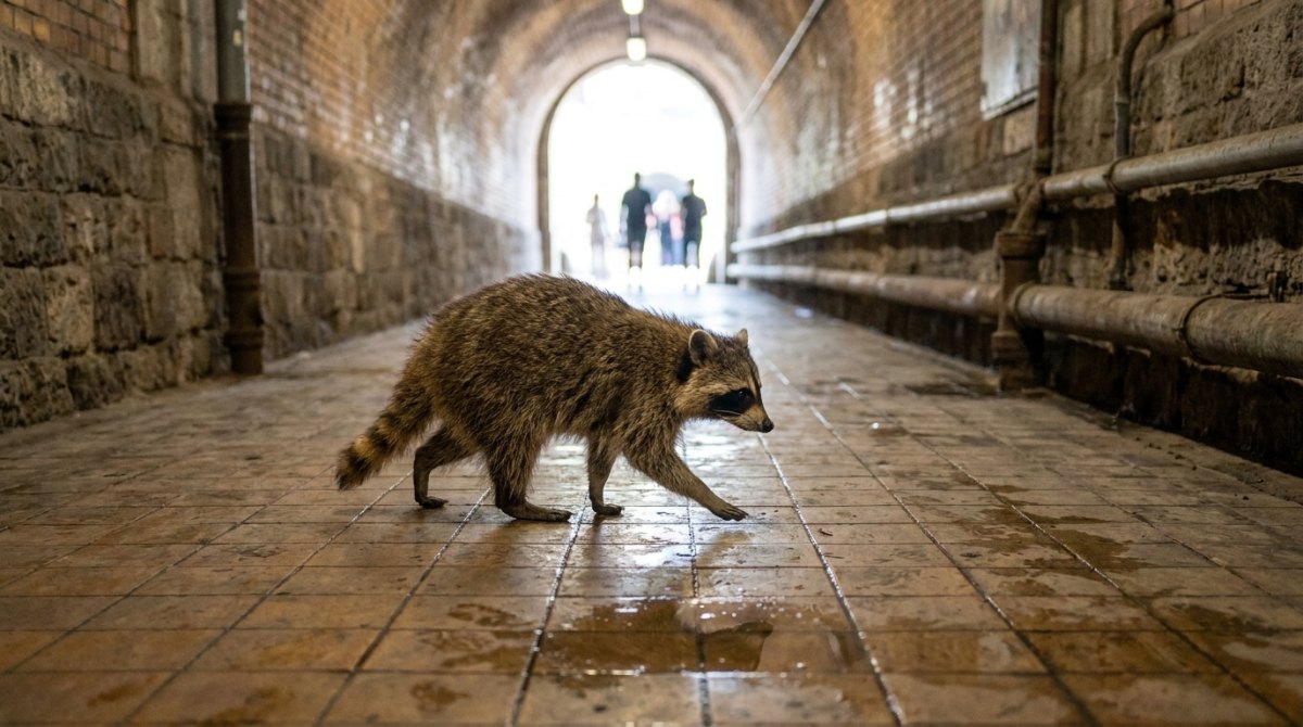 Ein Waschbär läuft ruhig durch eine gekachelte Bahnhofsunterführung, am Ende ist helles Tageslicht zu sehen