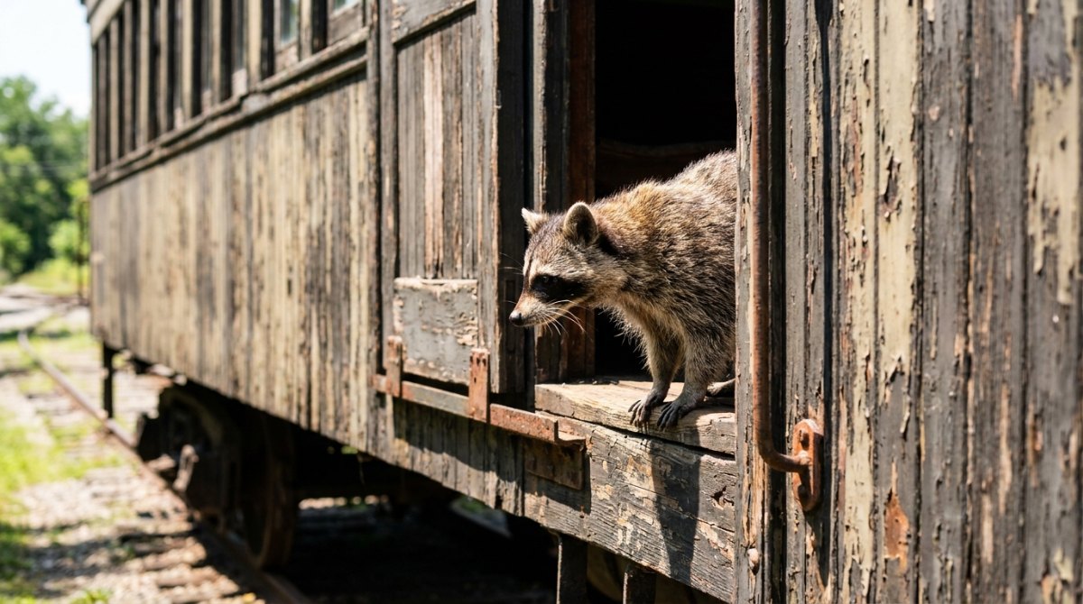 Ein Waschbär lugt aus der offenen Tür eines alten Holzwaggons