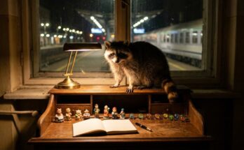 Waschbär am Schreibtisch im Bahnhofshotel mit leerem Notizbuch und sortierten Figuren – Prokrastination beim Schreiben