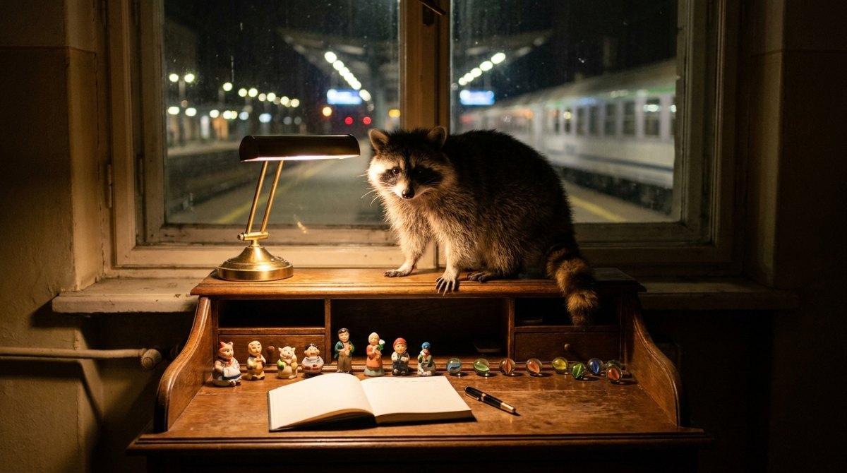Waschbär am Schreibtisch im Bahnhofshotel mit leerem Notizbuch und sortierten Figuren – Prokrastination beim Schreiben