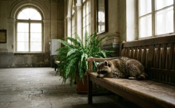 Poetry Slam über die eigene Psyche: ein Waschbär ruht auf einer Bank in einem stillen Wartesaal neben einer Grünpflanze