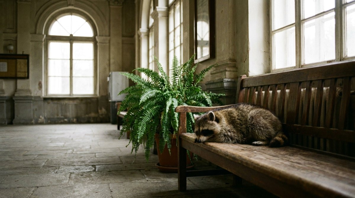 Poetry Slam über die eigene Psyche: ein Waschbär ruht auf einer Bank in einem stillen Wartesaal neben einer Grünpflanze