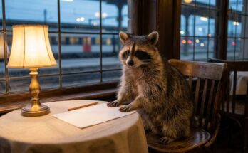 Wie ein Psychologe denkt: Waschbär im Bahnhofscafé mit leerem Blatt und Stift