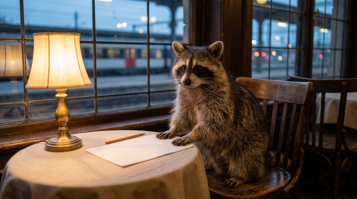 Wie ein Psychologe denkt: Waschbär im Bahnhofscafé mit leerem Blatt und Stift