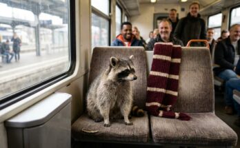 Waschbär mit gestreiftem Schal im vollen Regionalzug – Publikum aktivieren ohne Fremdscham