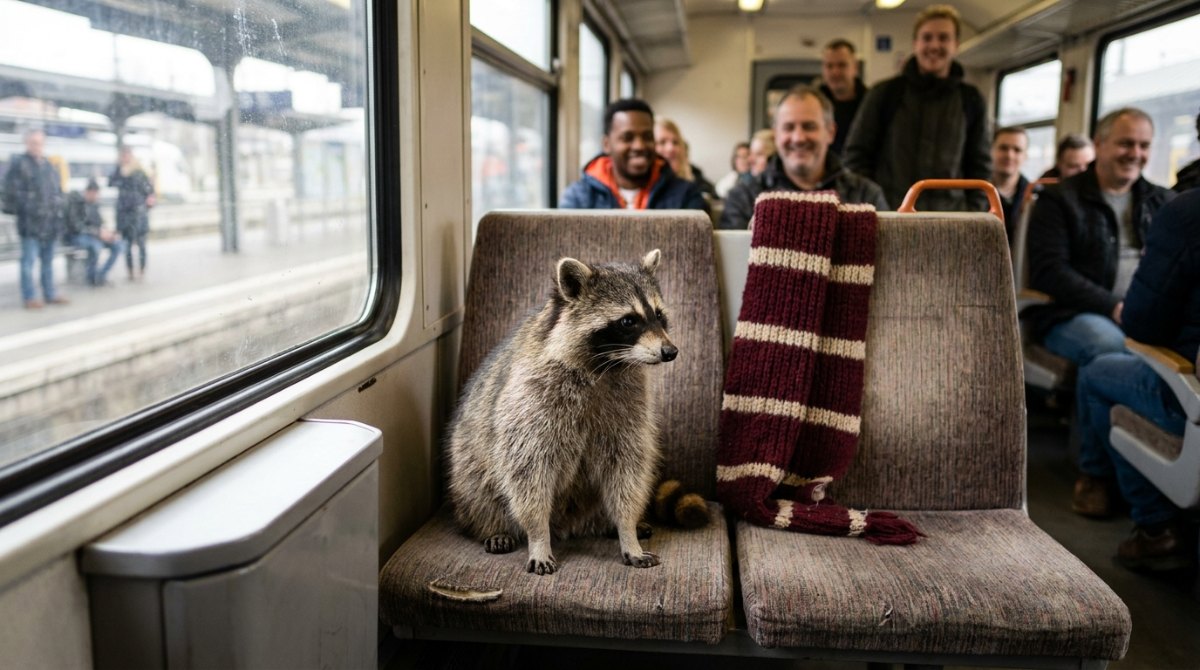 Waschbär mit gestreiftem Schal im vollen Regionalzug – Publikum aktivieren ohne Fremdscham