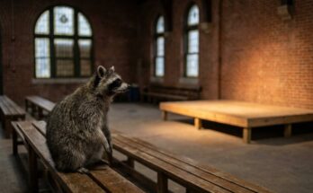 Publikum aufbauen: Waschbär sitzt auf einer Holzbank im alten Wartesaal und schaut zur leeren Bühne