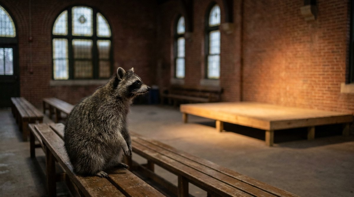 Publikum aufbauen: Waschbär sitzt auf einer Holzbank im alten Wartesaal und schaut zur leeren Bühne