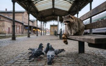 Publikum gewinnen: ein Waschbär sitzt ruhig auf einer Bahnsteigbank, vor ihm hat sich eine Gruppe Tauben versammelt