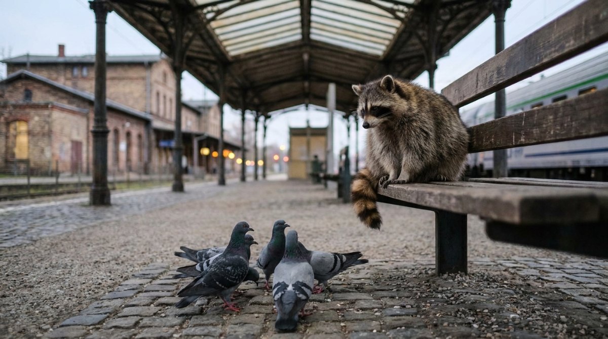 Publikum gewinnen: ein Waschbär sitzt ruhig auf einer Bahnsteigbank, vor ihm hat sich eine Gruppe Tauben versammelt
