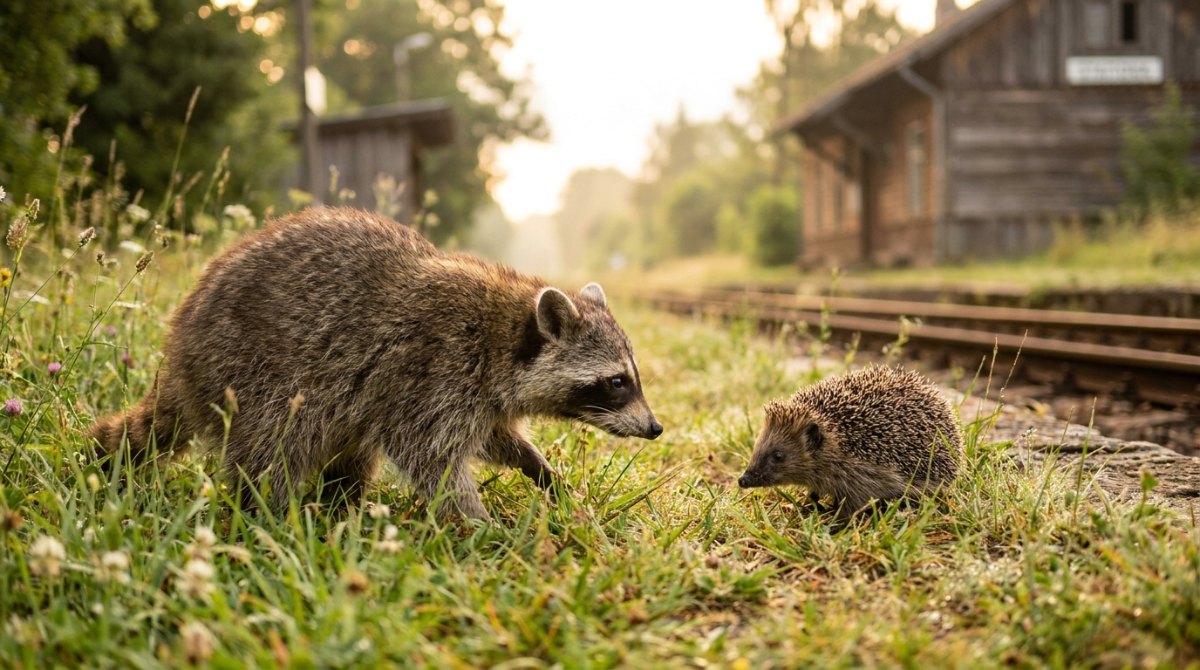 Ein Waschbär und ein Igel nähern sich vorsichtig im Gras neben den Gleisen eines kleinen Landbahnhofs