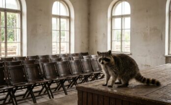Waschbär auf einer kleinen Bühne vor leeren Klappstühlen im alten Wartesaal – wenn das Publikum nicht reagiert
