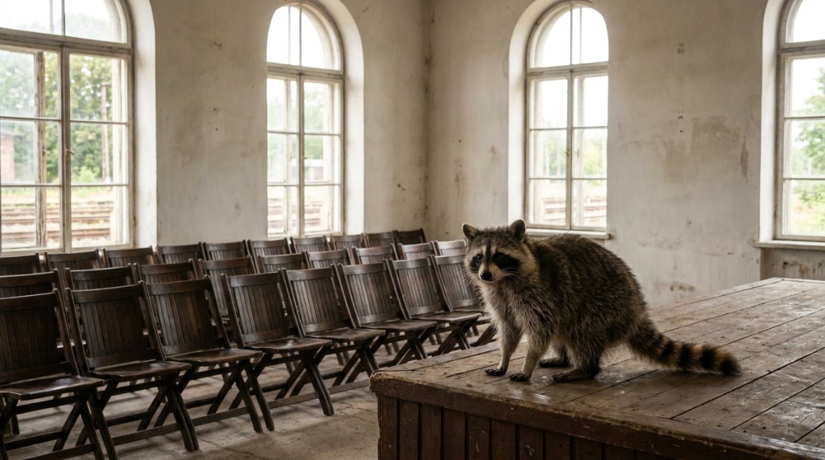 Waschbär auf einer kleinen Bühne vor leeren Klappstühlen im alten Wartesaal – wenn das Publikum nicht reagiert