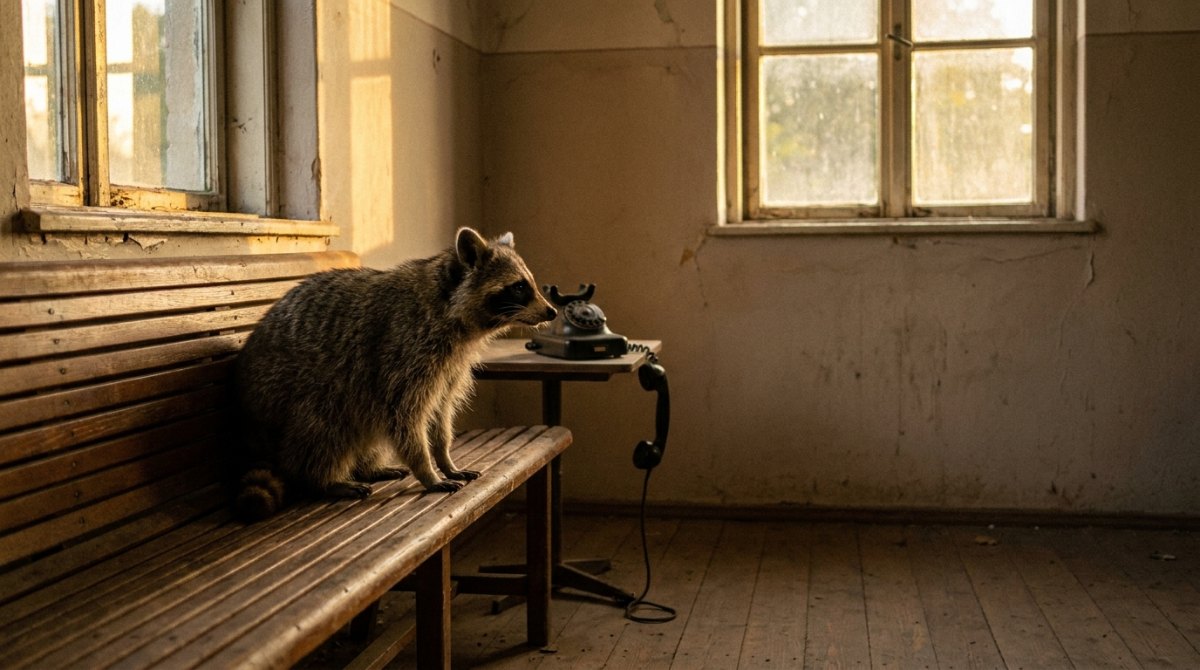 Waschbär neben einem alten Telefon mit hängendem Hörer im Wartesaal – Publikum reagiert nicht