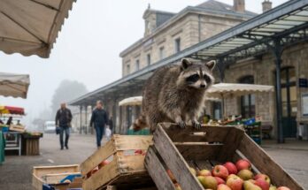 Publikumsansprache wie auf dem Markt: Waschbär auf einer Obstkiste am Marktstand vor dem Bahnhofsgebäude