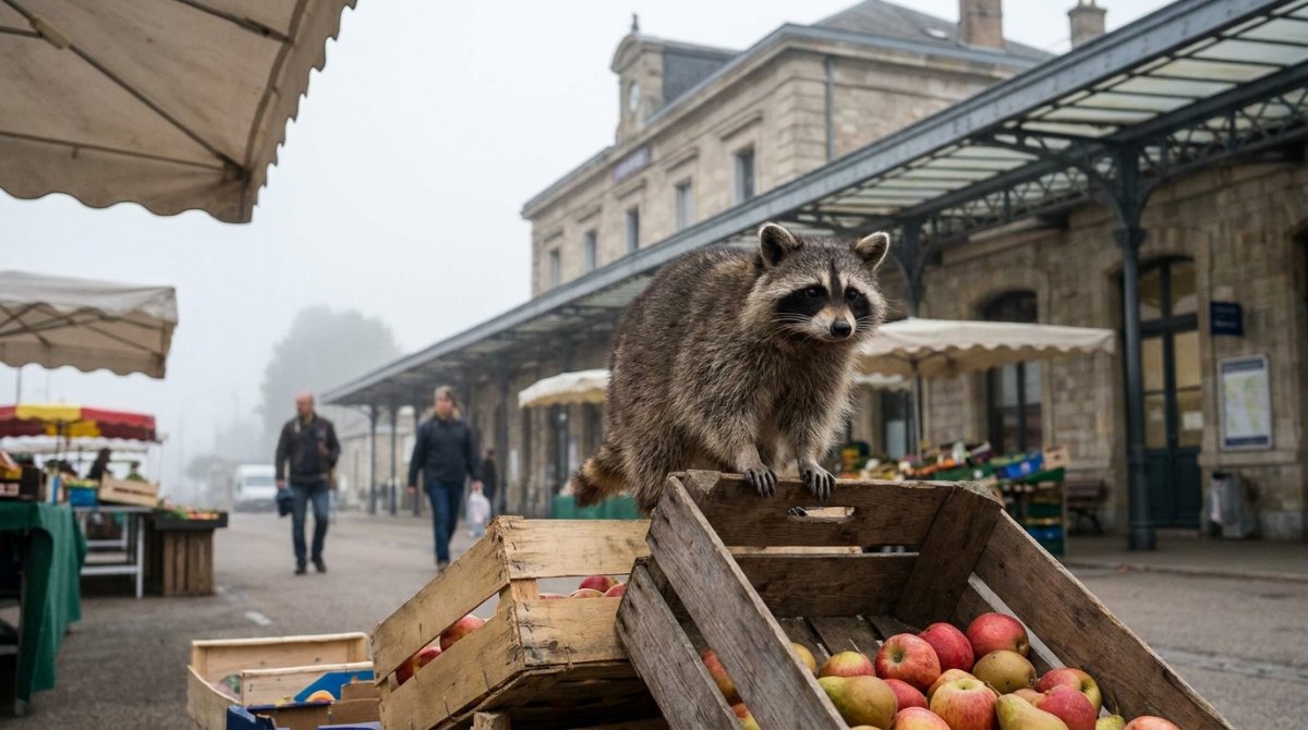 Publikumsansprache wie auf dem Markt: Waschbär auf einer Obstkiste am Marktstand vor dem Bahnhofsgebäude