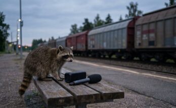 Unterschied Rap und Poetry Slam: Waschbär auf der Bahnsteigbank neben Lautsprecher und Mikrofon, dahinter ein Güterzug