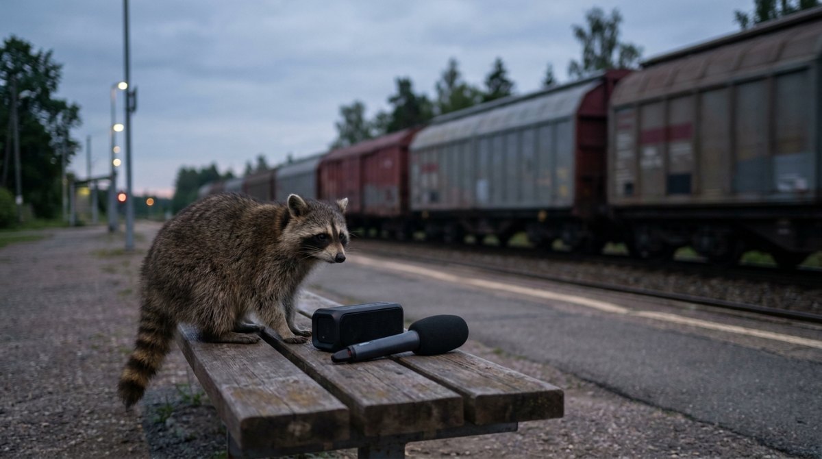 Unterschied Rap und Poetry Slam: Waschbär auf der Bahnsteigbank neben Lautsprecher und Mikrofon, dahinter ein Güterzug