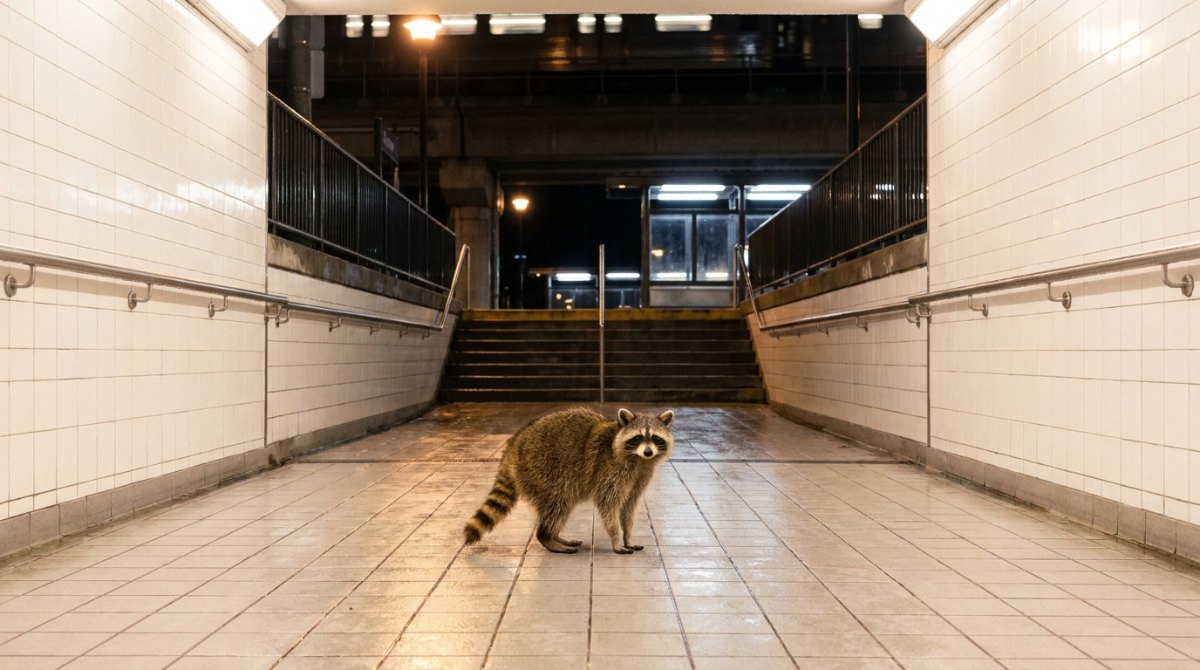 Ohne Beat hallt jede Silbe: Waschbär in einer leeren, gekachelten Bahnhofsunterführung bei Nacht