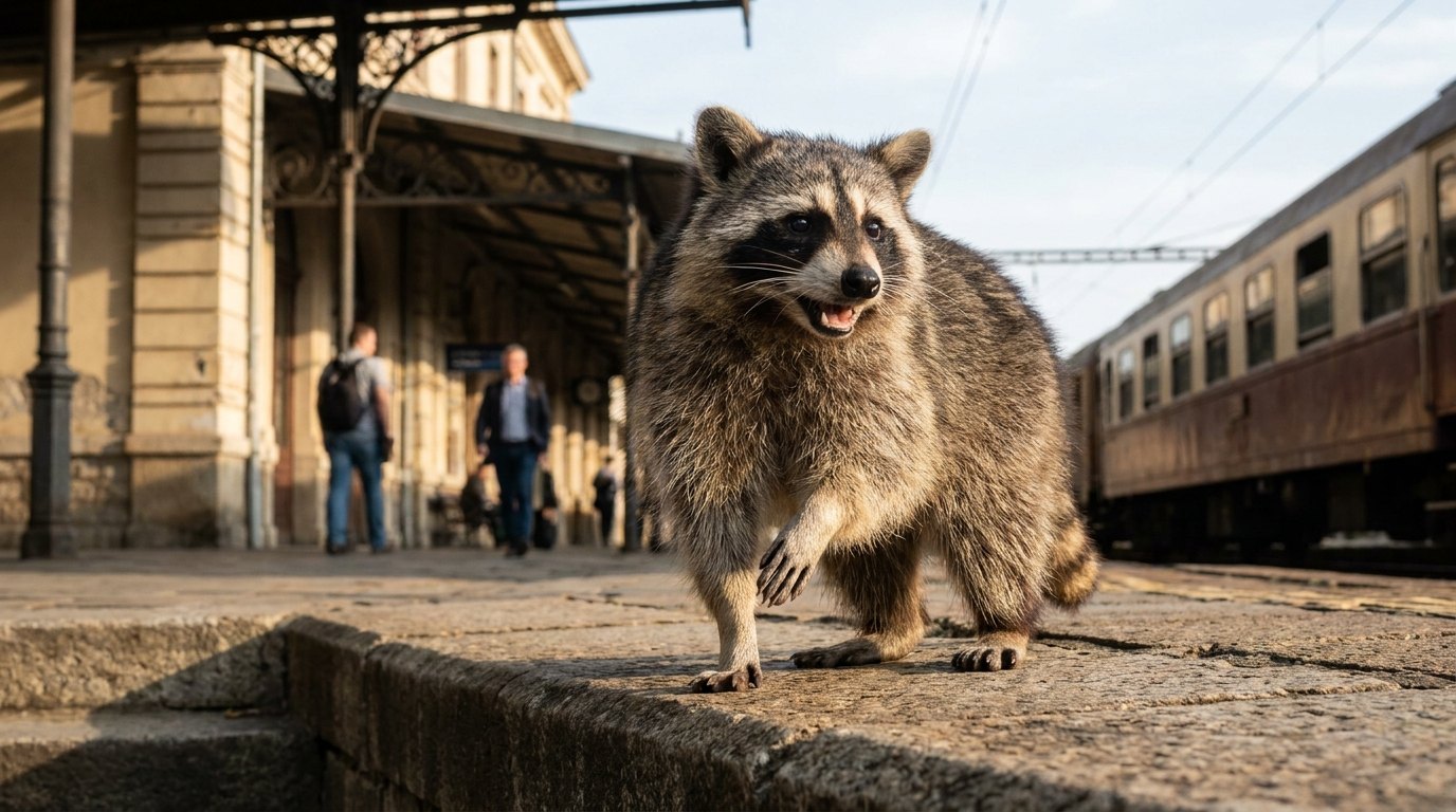 Ein Waschbär steht selbstbewusst auf einem Bahnsteig, eine Pfote erhoben, das Maul leicht geöffnet wie beim Rappen