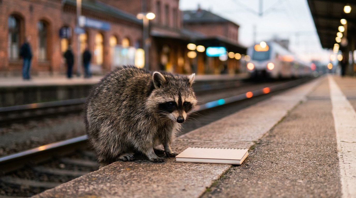 Ein Waschbär sitzt an der Bahnsteigkante und nickt zum Takt, ein Notizheft liegt daneben