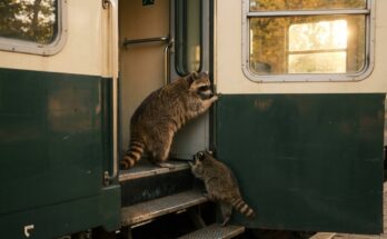 Poetry Slam über Rassismus: ein Waschbär hält die Zugtür auf, damit ein zweiter Waschbär einsteigen kann