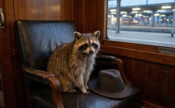 Wie Raymond Reddington: Waschbär sitzt ruhig im Erste-Klasse-Abteil, daneben ein Hut