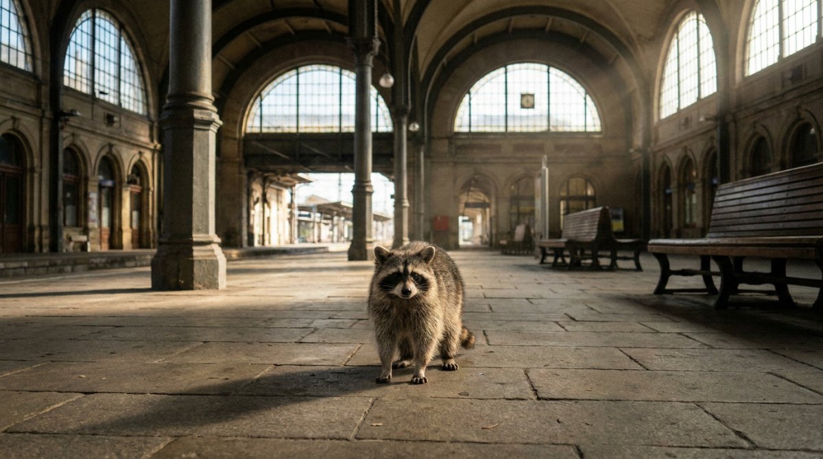 Raymond Reddington lehrt Ruhe: Waschbär steht still in der leeren Bahnhofshalle