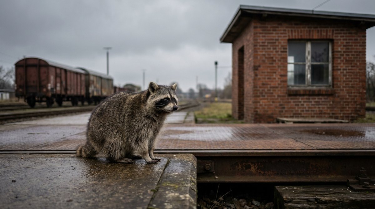 Waschbär an der Gleiswaage eines alten Güterbahnhofs – Recherche für Texte heißt nachwiegen