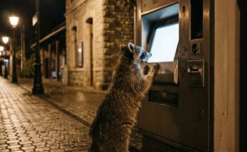 Waschbär am Fahrkartenautomaten bei Nacht – Rechnung schreiben als Künstler