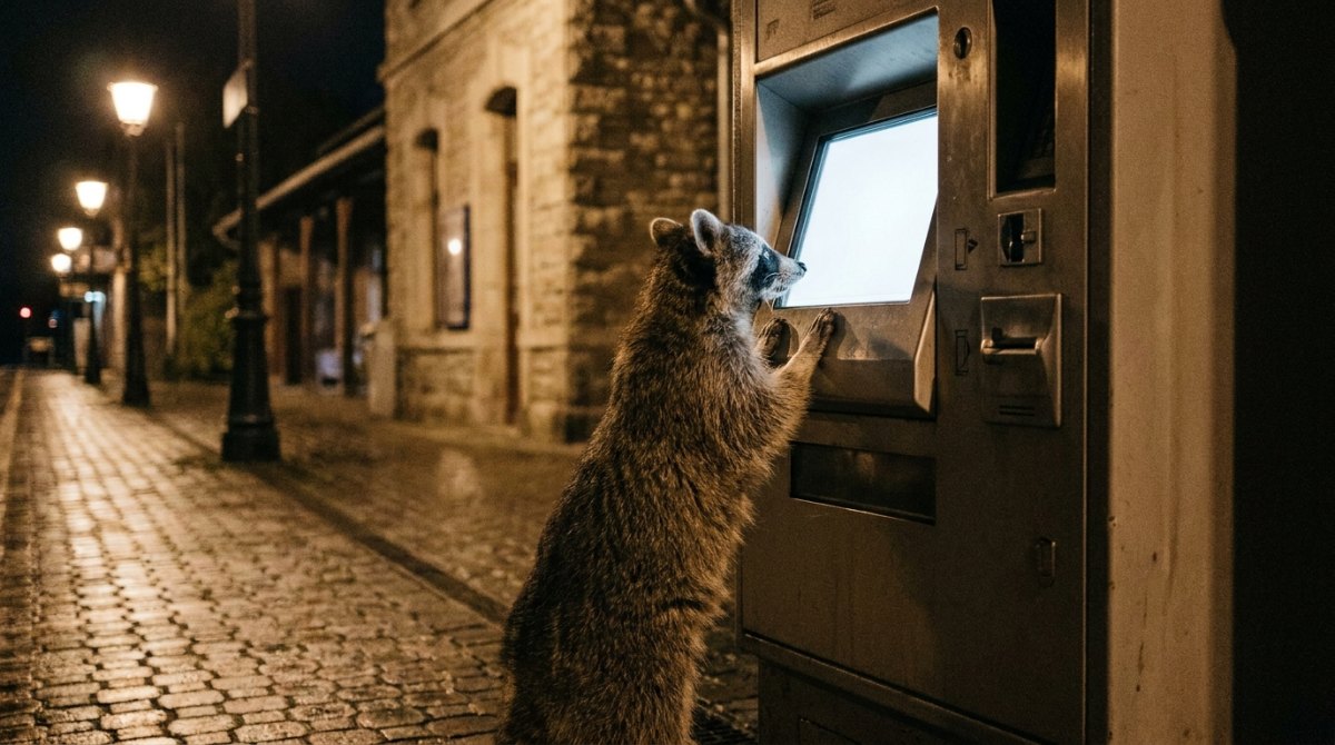 Waschbär am Fahrkartenautomaten bei Nacht – Rechnung schreiben als Künstler