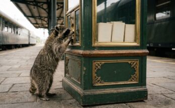 Reclam-Prinzip: Waschbär schaut in einen alten Bücherautomaten auf dem Bahnsteig