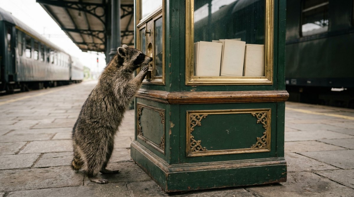Reclam-Prinzip: Waschbär schaut in einen alten Bücherautomaten auf dem Bahnsteig