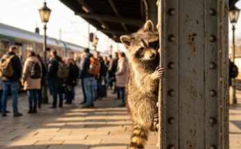 Redeangst beim Poetry Slam: Ein Waschbär schaut vorsichtig hinter einer Säule auf die wartenden Reisenden
