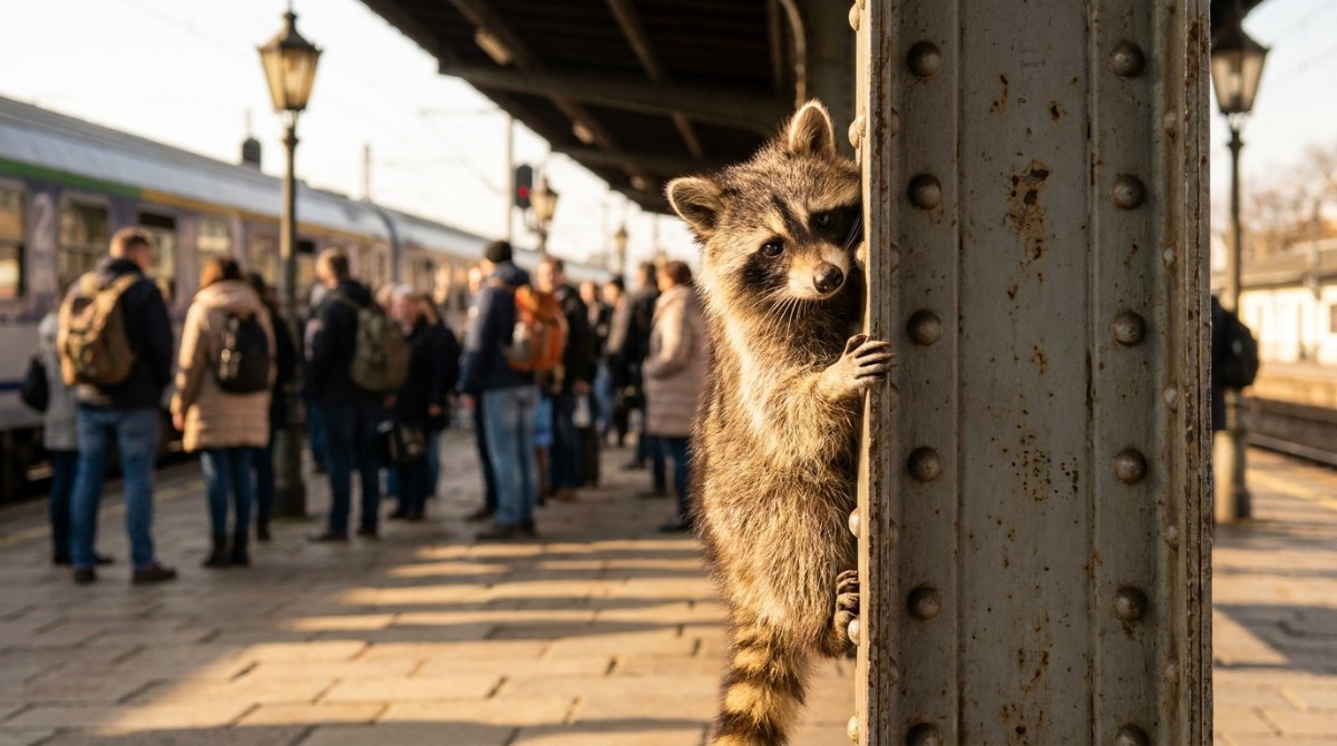 Redeangst beim Poetry Slam: Ein Waschbär schaut vorsichtig hinter einer Säule auf die wartenden Reisenden