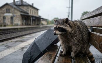 Waschbär mit zugeklapptem Schirm auf der Bahnsteigbank im Regen – Reels aus Texten schneiden