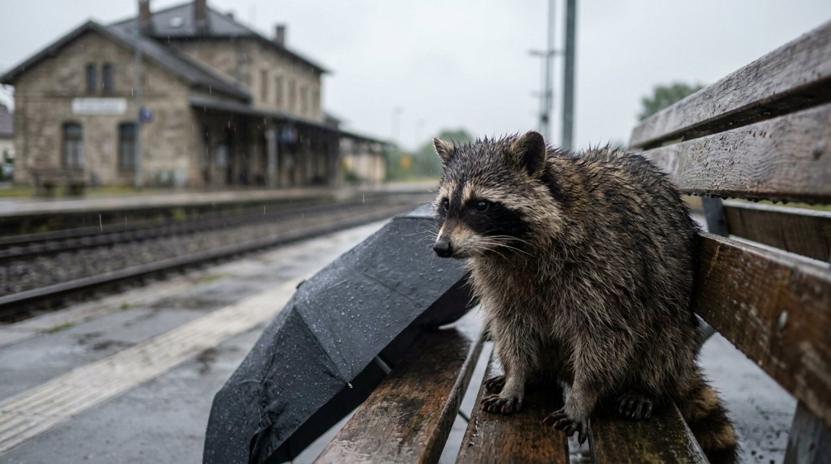 Waschbär mit zugeklapptem Schirm auf der Bahnsteigbank im Regen – Reels aus Texten schneiden